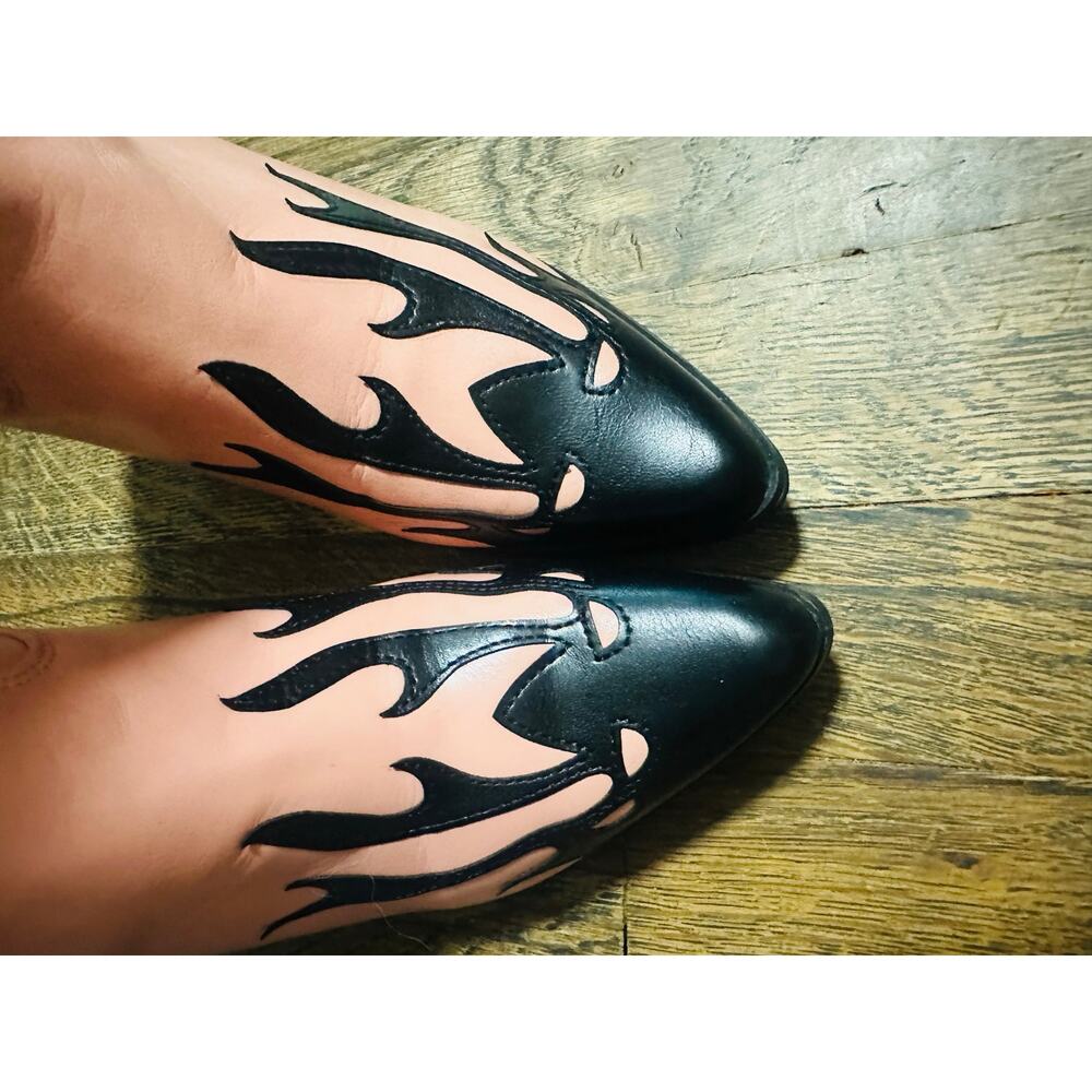 DOLLS KILL Pink Black Skull And Crossbones Flame Cowboy Boho Rough Rider Boots - Picture 8 of 12